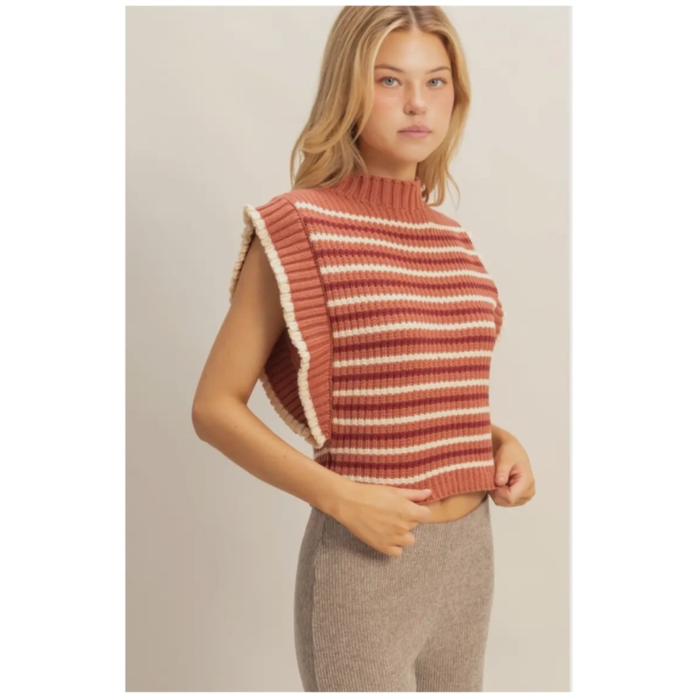 Striped Sleeveless Mock Nexk Sweater